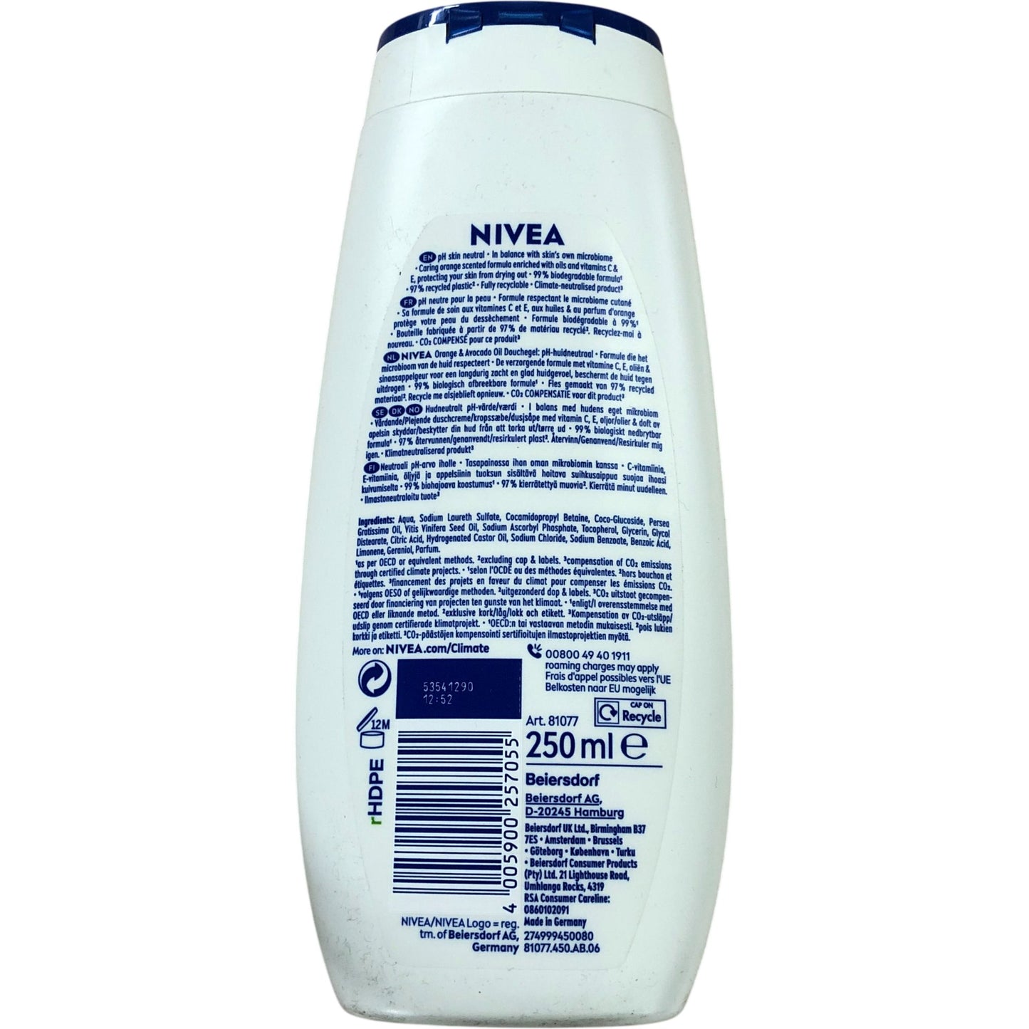 NIVEA Orange & Avocado Oil Shower Care 250ml Skin Protecting Formula