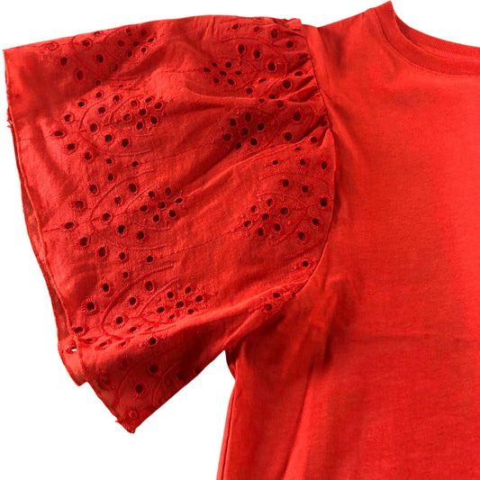 River Island XS Women's Red Top With Broderie Anglaise Puff Sleeves