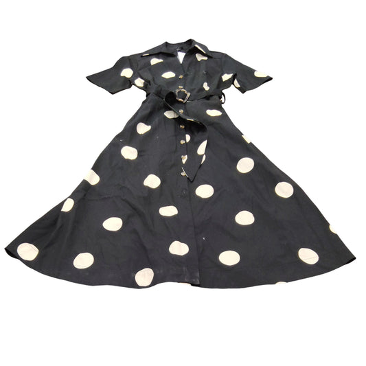 River Island UK10 Women's Black White Polka Dot Midi Dress Belted Short Sleeve