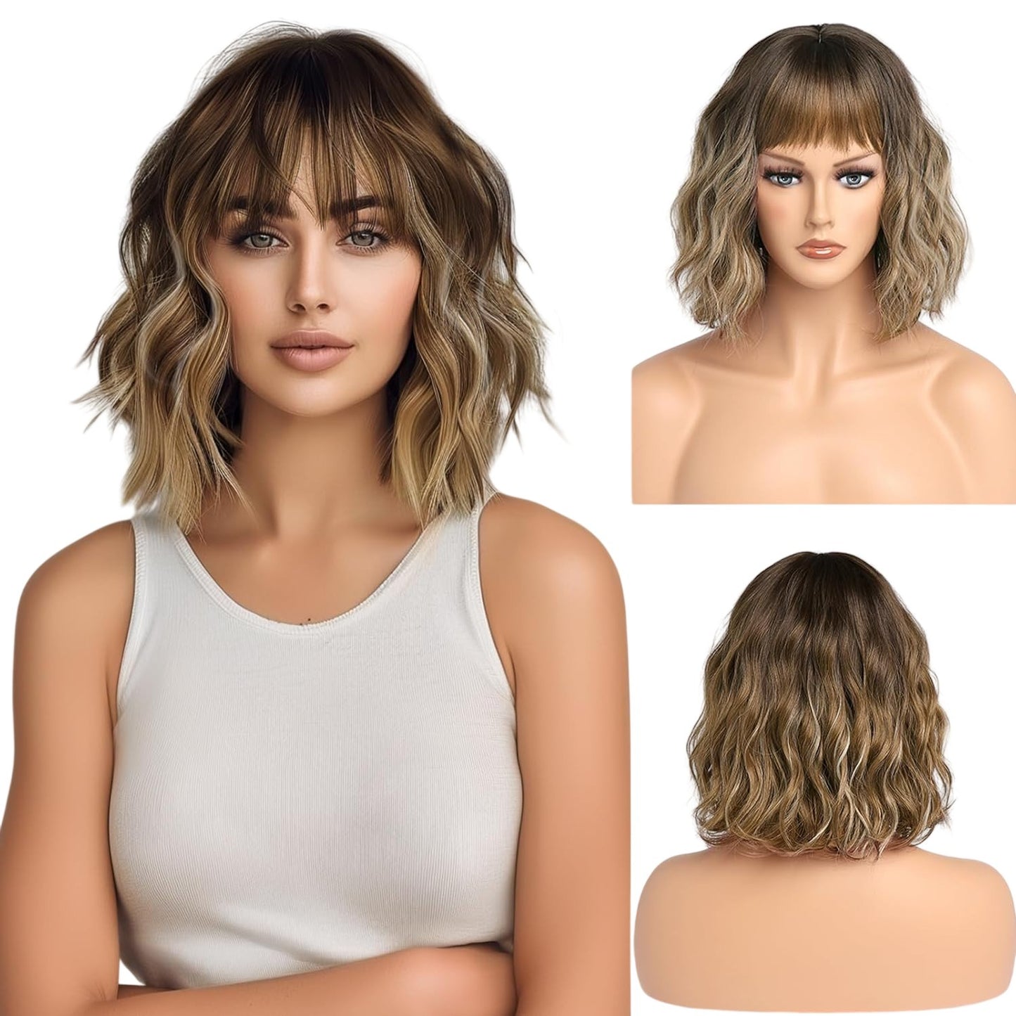 YaissmyLu Ombre Brown Wig For Women 12 Inch Short Wavy Hair With Bangs