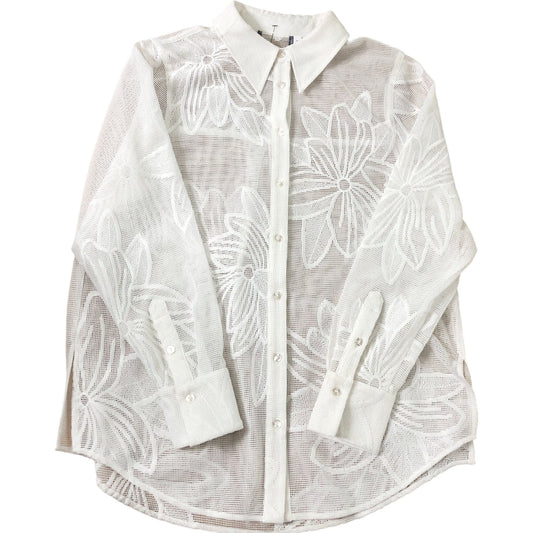 Floral Mesh Button Up Blouse UK M Women's White Sheer Lightweight Top