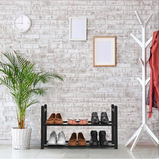 Hi-Home 2Tier Extendable Shoe Rack Small Black Adjustable Shoe Organiser Storage