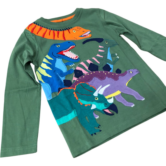 Boden Long Sleeve T-Shirt Boys Dino Print Green Cotton Fun 5-6 Years