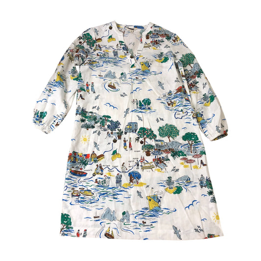 Linen Summer Dress UK12 Women's Beach Print Casual Long Sleeve