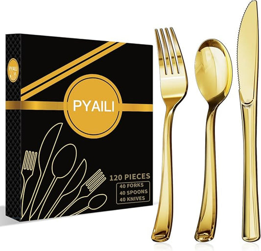 PYAILI 120 Piece Gold Cutlery Set 40 Forks 40 Spoons Heavy Duty Reusa