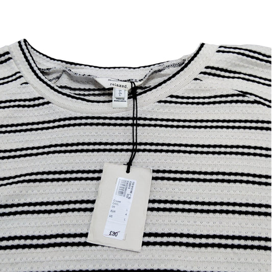 River Island Relaxed T-Shirt Size L Womens Striped Cream Black Cotton