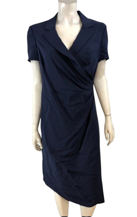 Formal Ladies Dress Navy Blue Short Sleeve Wrap Design UK Size 16 Smart Casual