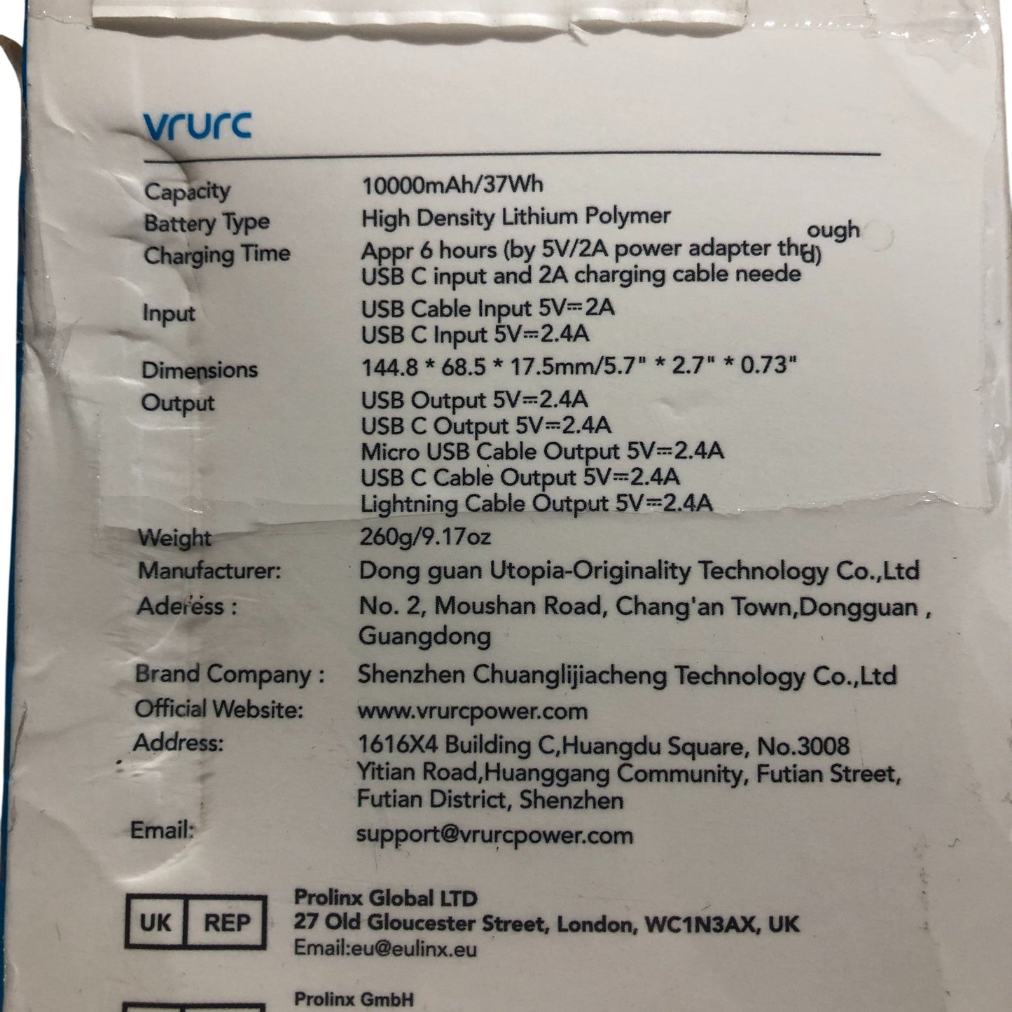 Vrurc 10000mAh Power Bank Model T1116 USB Type C Travel Friendly Charger
