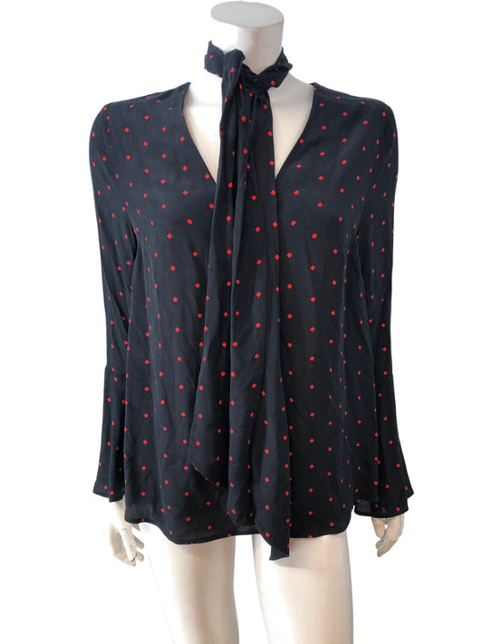 Women's Blouse UK12 Black Red Polka Dot V Neck Tie Sleeve Top