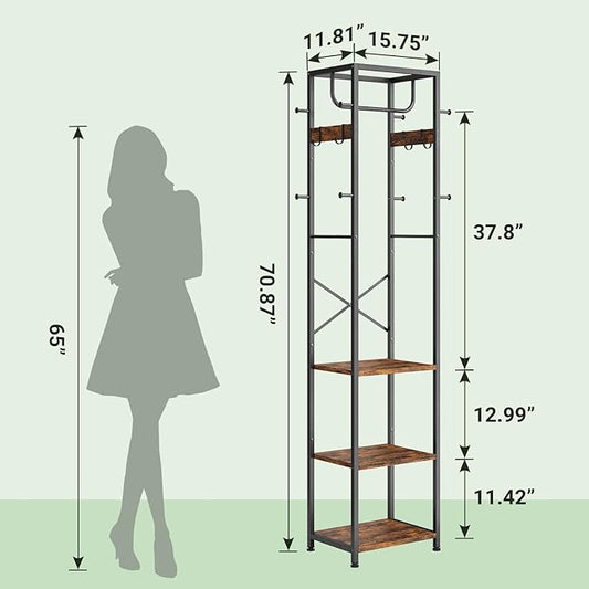 ELYKEN Coat Rack Freestanding, Hall Tree with 3 Storage Shelves and 12 Hooks