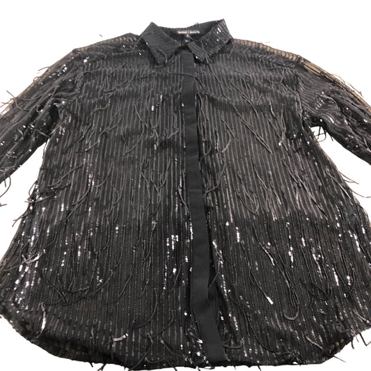 River Island Black Long Sleeve Sequin Fringe Shirt UK18 Women's