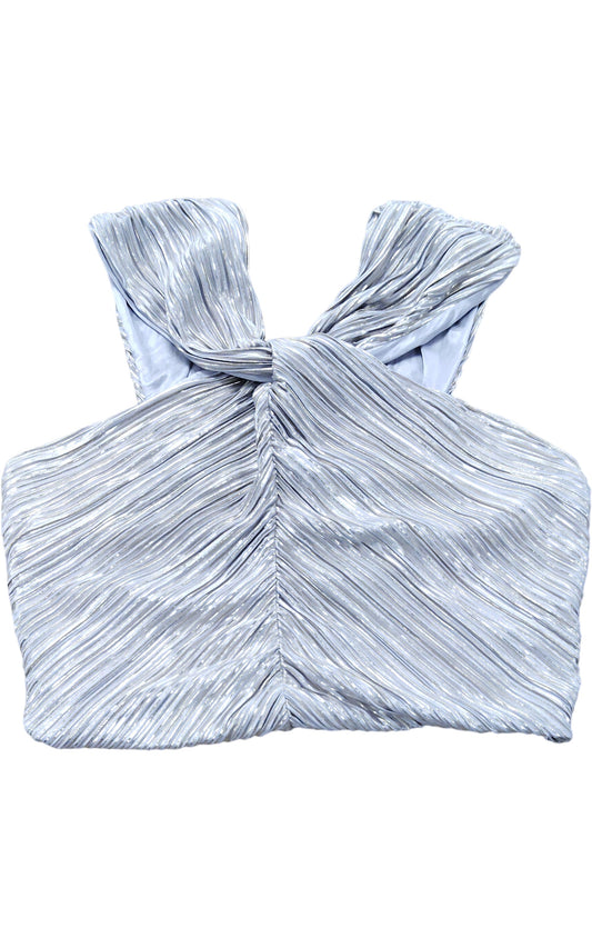 River Island Pleated Crop Top UK14 Women's Shiny Silver Festival Style