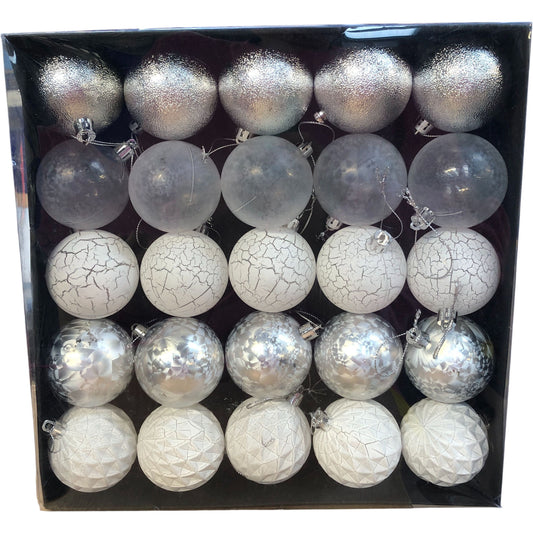 Christmas Tree Baubles Pack of 25 Silver Glitter Clear White Decorative Orbs