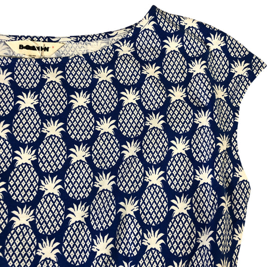 Printed Dress UK12 Women's Cap Sleeve Pineapple Pattern Blue Cotton