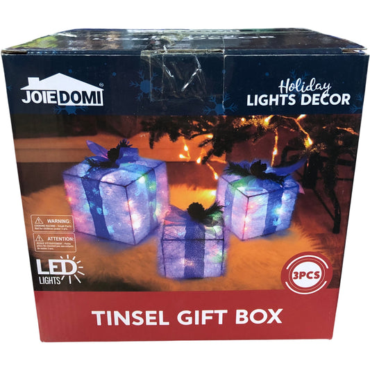 Joie Domi Tinsel Gift Box LED Lights Multicolour Indoor Decorations 3 Pieces