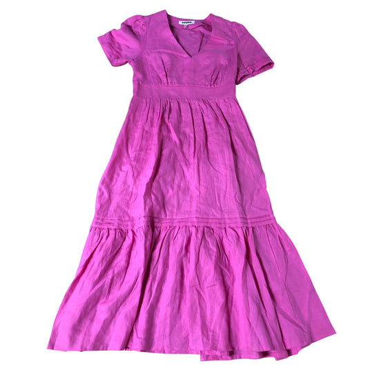 Women's Pink Linen Midi Dress Short Sleeve V Neck UK12