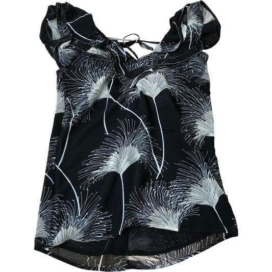 Women's Black Floral Print Chiffon Top Sleeveless Tie Neck XS