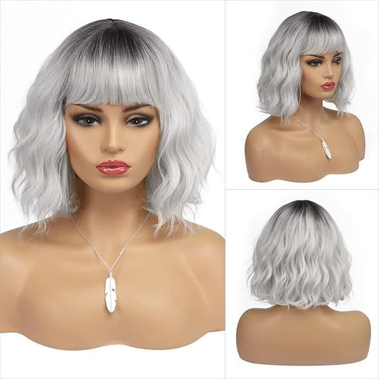 BESTUNG Short Grey Ombre Bob Wig with Fringe 10 Inch Women's Wavy Hair
