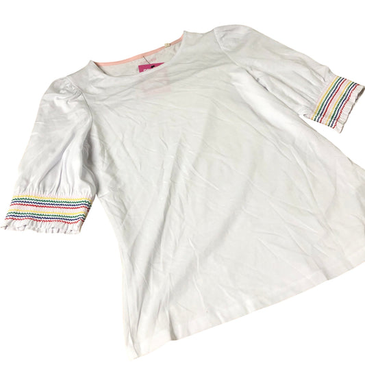 Puff Sleeve Top Women's White Cotton Blend With Colourful Trim UK10
