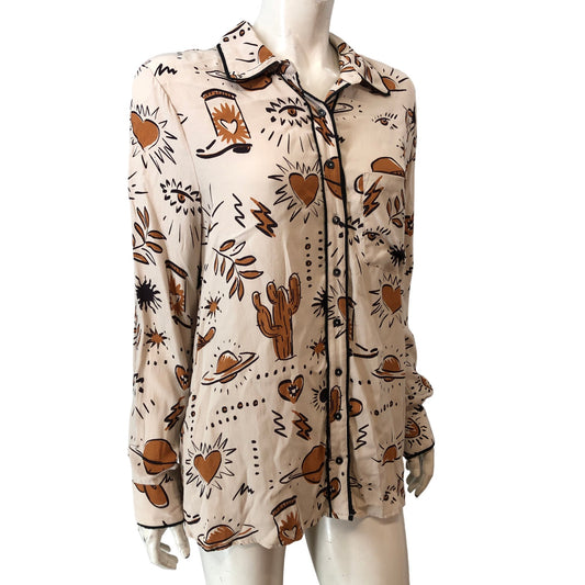 River Island Women's Relaxed Shirt UK12 Beige Cactus Print Button Up Top