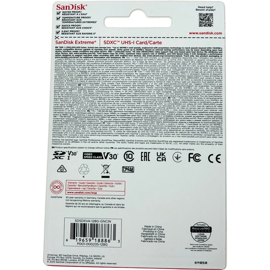 SanDisk Extreme 128GB SDXC UHS-I Card High Speed 180MBs V30 Waterproof