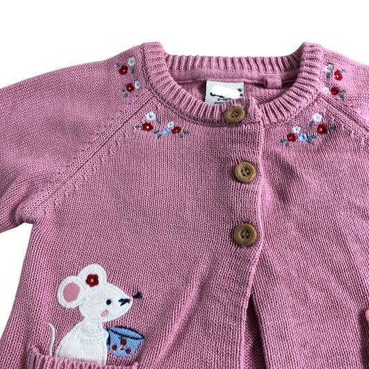 Girls Pink Mouse Pet Teapot Pocket Appliqué Cardigan 2-3 Years