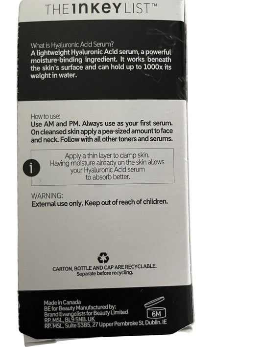 The Inkey List Hyaluronic Acid Serum 30ml Hydrate Plump Skin For All Skin Types