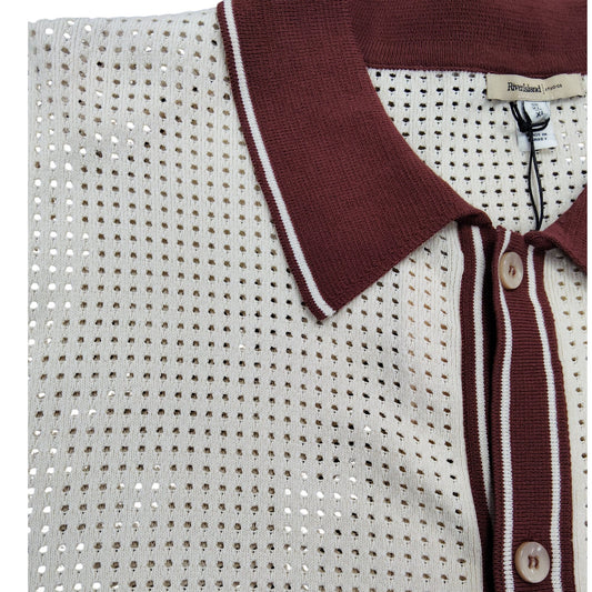 River Island Men’s Polo Shirt XL Cream Brown Striped Button Front Casual Top