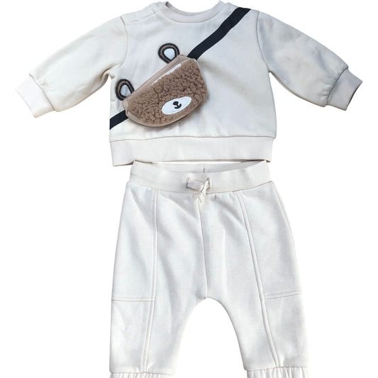 River Island Baby Outfit Set Sweater And Trousers With Bear Bag Cream 0-3 Months