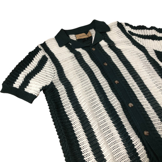 River Island Knitted Short Sleeve Polo Shirt Green White Stripes Size Large