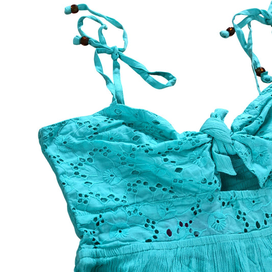 River Island Women's Playsuit UK S Turquoise Embroidered Tie Strap Cotton