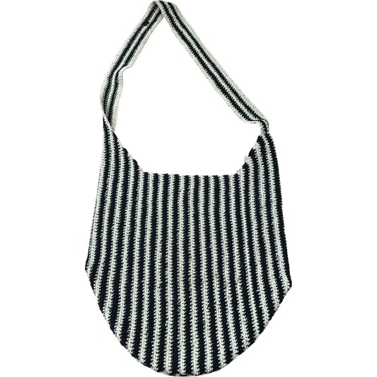 Macrame Sling Striped Shoulder Bag Women's Casual Tote Bag Black Cream