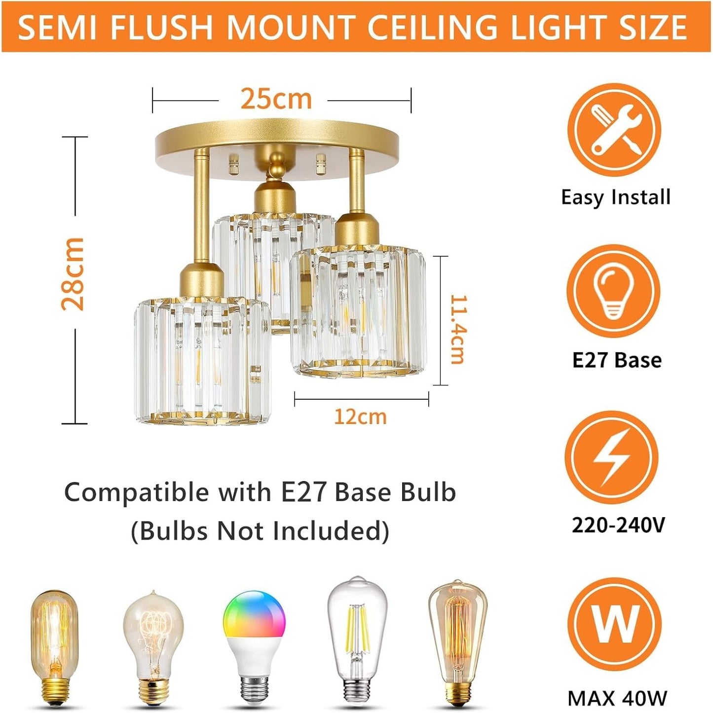Rocunsi 3-Light Gold Chandelier E27 Base Glass Pendant Light Fixture