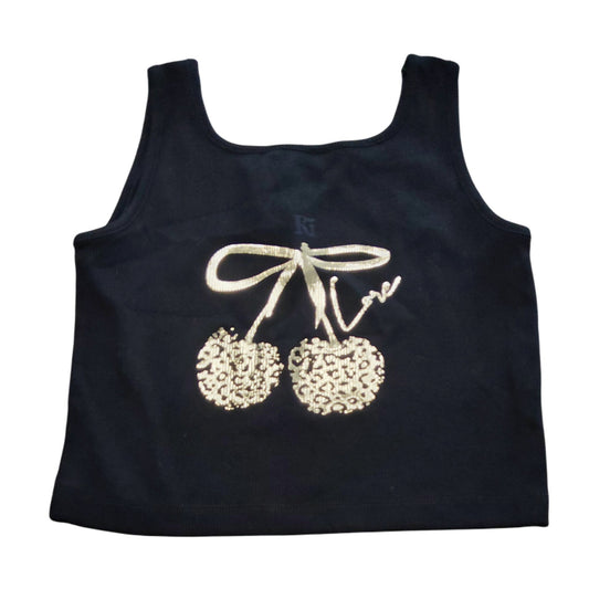 River Island Black Crop Top Kids 9-10 Years Girls With Gold Cherry Design