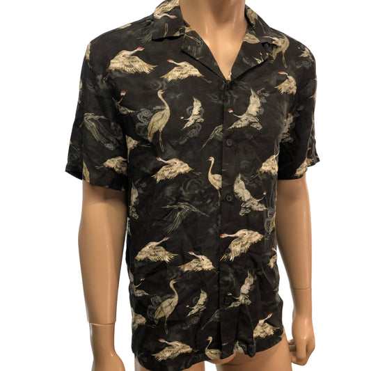 River Island Short Sleeve Shirt Men's Size Small Black Crane Print Viscose