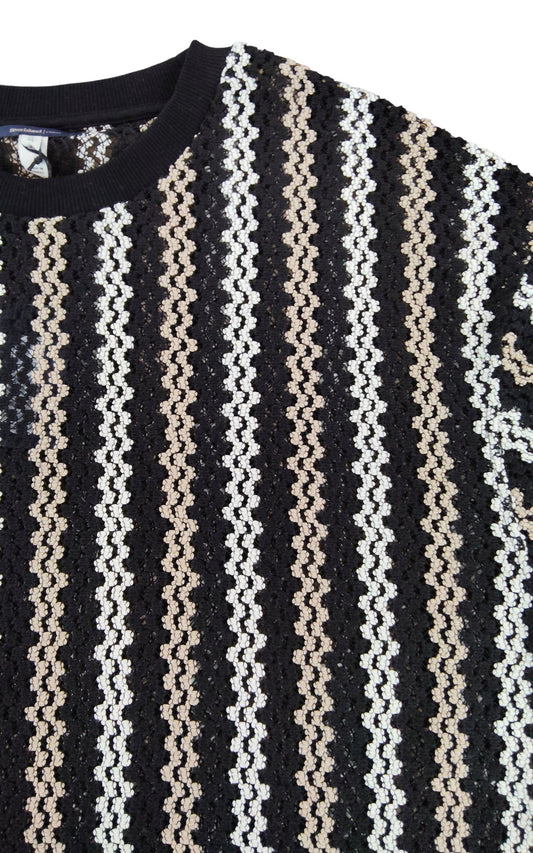 River Island Striped T-Shirt UK M Casual Crochet Black Cream Knit