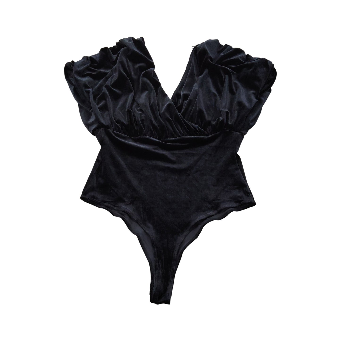 River Island Black Velvet Bodysuit UK12 Women's Low Back Puff Sleeve