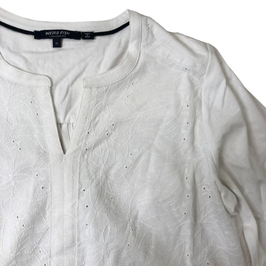 Weird Fish Women's White Organic Cotton 3/4 Sleeve Top Blouse Size 10
