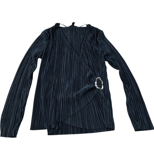 River Island Women's Long Sleeve Plisse Wrap Top Black With Ring Detail