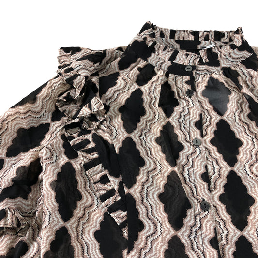 Branded Beige Abstract Print Ruffle Blouse - Size 8