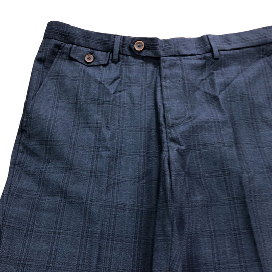 Slim Fit Trousers Waist Navy Blue Check Pattern