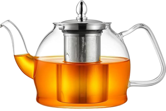 PLUIESOLEIL Glass Teapot 1200ML Handmade Glass Stainless Steel Infuser High Heat