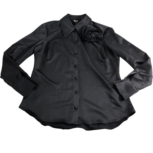 River Island Women's Black Satin Button Front Shirt With Flower Detail Size 6