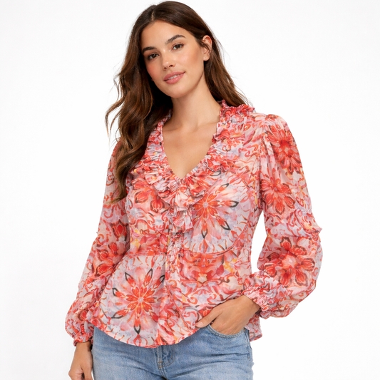 Branded Floral Print Blouse Women's Lightweight Polyester Long Sleeve UK8