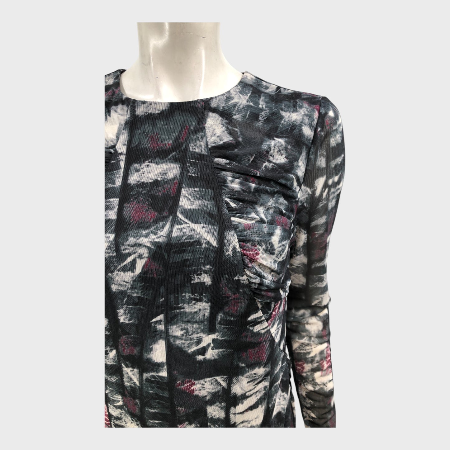 Branded Grey/White/Red Ruched Bodice Mesh Dress - Size 12