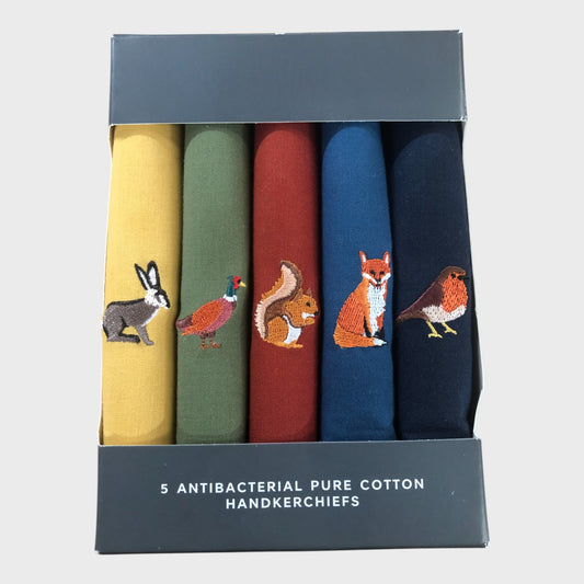 Pure Cotton Antibacterial Handkerchiefs - Embroidered Animals - Five Pack
