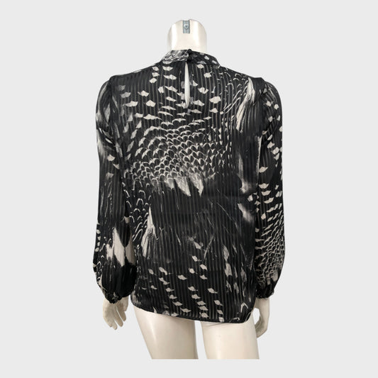 Branded Black Patterned Faux Wrap Blouse - Size 8