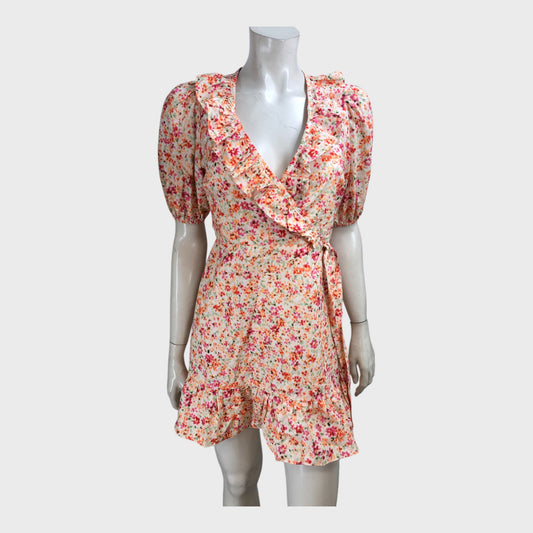 Petite Orange Floral Wrap Mini Dress