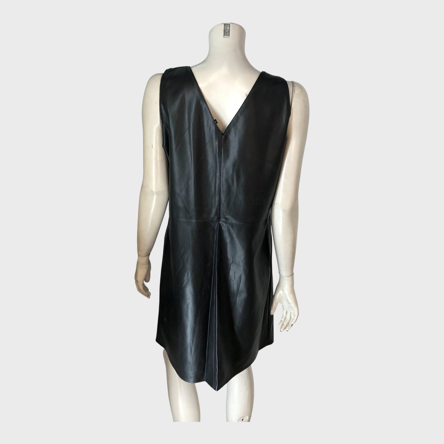 Women's Black Faux Leather V-Necked Midi Dress