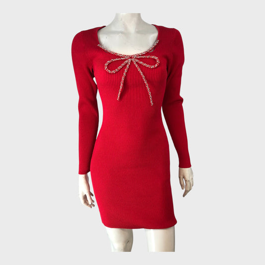 RIVER ISLAND Red Ribbed Knit Mini Dress Women's Long Sleeve Beaded Bow size 12